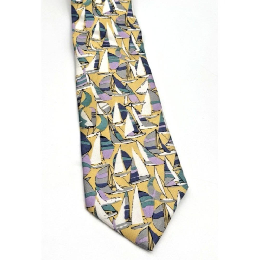 VTG Lands End Silk Tie Handsewn USA Ships Sailboat Yacht Nautical Coastal Preppy